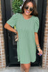 Corded Knit Crew Neck Puff Sleeve Shift Mini Dress